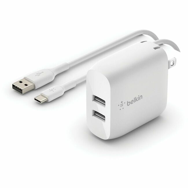 Belkin International INC WCE001DQ1MWH Belkin BoostCharge Cargador de pared dual USB-A 24W (cable USB-A a USB-C incluido) - Adaptador de energía