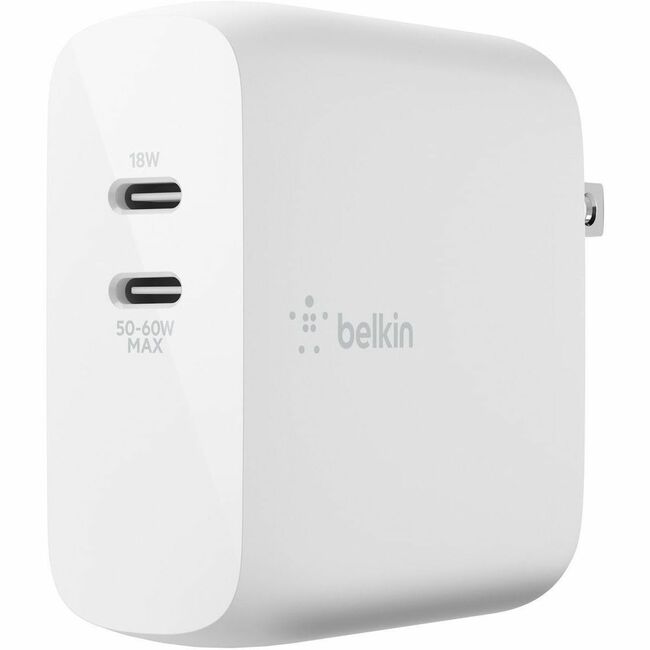 Belkin International INC WCH003DQWH Cargador de Pared Belkin BoostCharge Dual USB-C Power Delivery GaN 68W para Laptop y Chromebook - Adaptador de Energía
