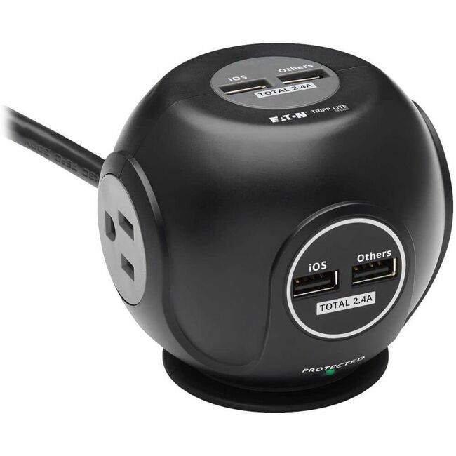 Eaton TLP36USB Tripp Lite Series Protector de Sobretensión Esférico de 3 Tomas, 4 Puertos USB (4.8A Compartidos) - Cable de 6 ft. (1.83 m), Enchufe 5-15P, 540 Joules, Negro