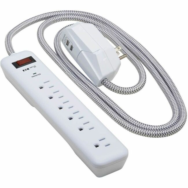 Eaton TLP616USB Tripp Lite by Eaton Protector Contra Picos de 7 Salidas - 6 en barra/1 en enchufe desmontable 2 Puertos USB (2.4A Compartidos) Enchufe Cargador Desmontable Cable de 6 pies Enchufe 5-15P 900 Julios Blanco