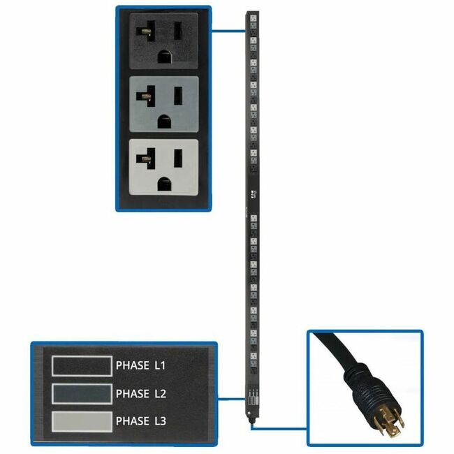 Eaton PDU3V6L2120LV Tripp Lite Series 5.7kW 3-Phase Basic PDU - 42 NEMA 5-15/20R 120V Outlets, 208V L21-20P Input, 6 ft. Cord, 70 in. 0U Rack