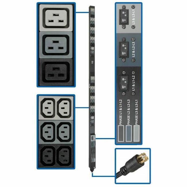 Eaton PDU3V6L2130 Tripp Lite by Eaton PDU 8.6kW 208/120V Three-Phase Basic PDU - 48 Outlets (36 C13 6 C19 6 5-15/20R) L21-30P Input 6 ft. Cord 70 in. 0U Rack
