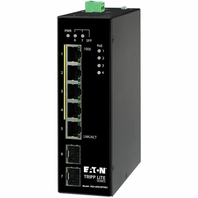 Eaton NGI-U05C2POE4 Conmutador Ethernet Gigabit Industrial No Administrado Serie Eaton Tripp Lite de 5 Puertos - 10/100/1000 Mbps, PoE+ 30W, -10° a 60°C, 2 Ranuras GbE SFP, Montaje DIN, TAA
