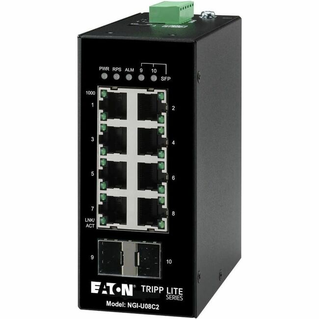Eaton NGI-U08C2 Tripp Lite by Eaton Conmutador Ethernet Gigabit Industrial sin Gestión de 8 Puertos 10/100/1000 Mbps 2 Ranuras SFP GbE -40°C a 75°C Montaje en Carril DIN