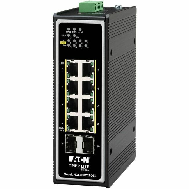 Eaton NGI-U08C2POE8 Tripp Lite by Eaton Conmutador Ethernet Gigabit Industrial No Administrado de 8 Puertos 10/100/1000 Mbps PoE+ 30W 2 Ranuras SFP GbE -40°C a 75°C Montaje DIN