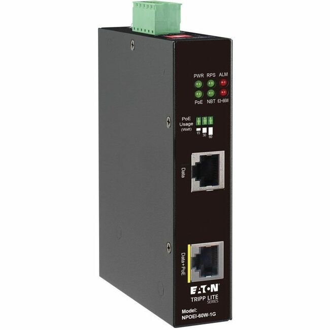 Eaton NPOEI-60W-1G Inyector PoE Gigabit Ethernet Industrial Tripp Lite by Eaton 60W PoE++ 802.3bt Midspan -40° a +75° carcasa IP30 Dual 24-57VDC Carril DIN 1 Puerto