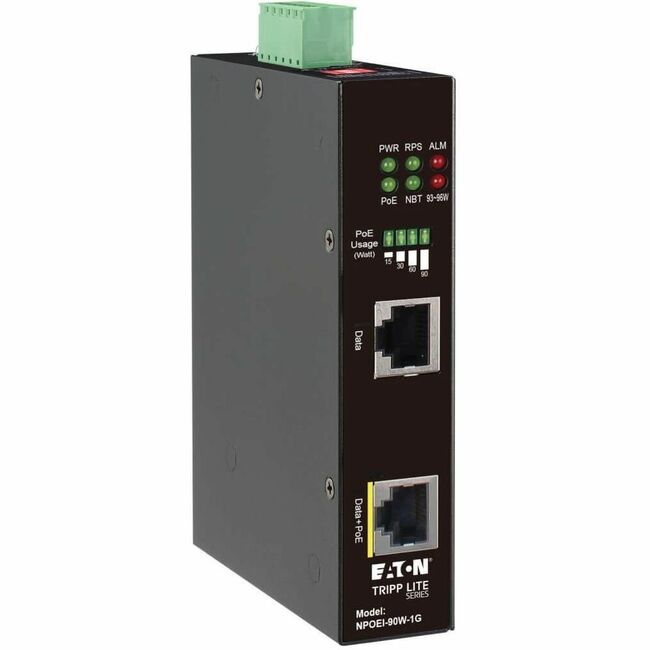 Eaton NPOEI-90W-1G Inyector PoE Gigabit Ethernet Industrial Tripp Lite by Eaton 90W PoE++ 802.3bt Midspan -40° a +75° IP30 Carcasa Dual 24-57VDC Carril DIN 1 Puerto