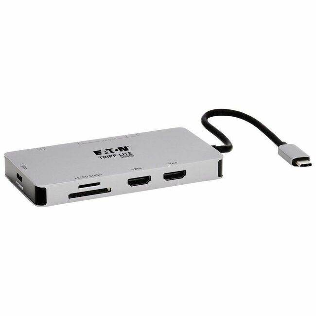 Eaton U442-DOCK8G-GG Tripp Lite Series USB-C Dock, Dual Display - 4K 60 Hz HDMI, USB 3.x (5Gbps) Hub Ports, GbE, Memory Card, 100W PD Charging, Gray