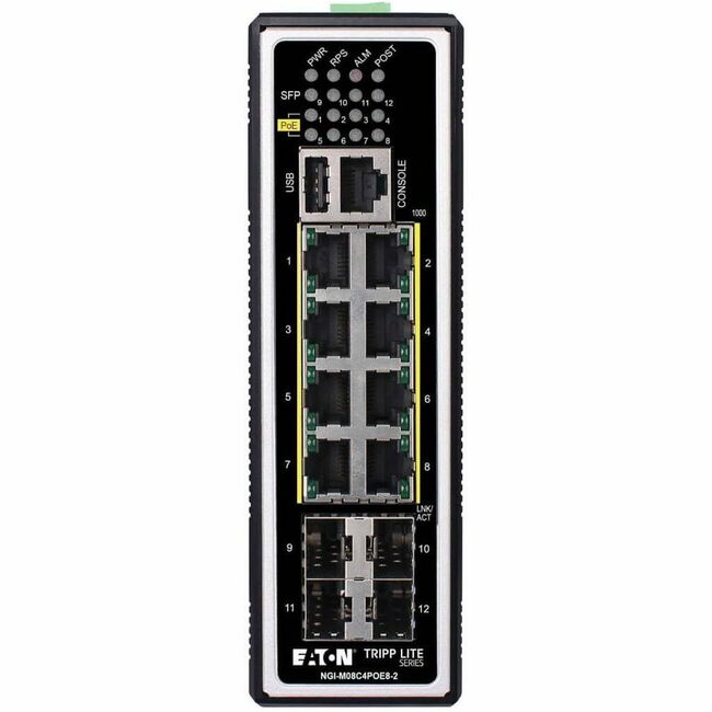 Eaton NGI-M08C4POE8-2 Tripp Lite by Eaton Conmutador Ethernet Gigabit Administrado Industrial de 8 Puertos - Capa 2, 1 Gbps, PoE+ 30W, 4 Puertos SFP GbE, -40°C a 75°C, Montaje DIN