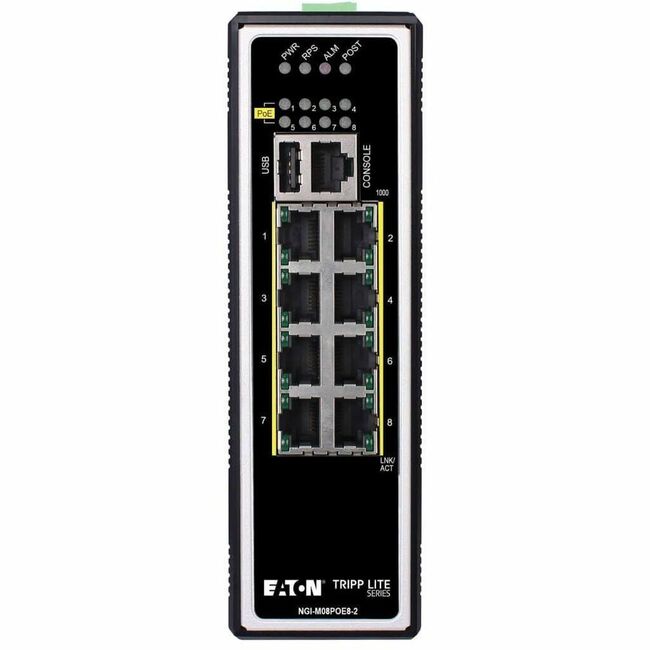 Eaton NGI-M08POE8-L2 Tripp Lite by Eaton Conmutador Ethernet Gigabit Administrado Industrial de 8 Puertos - Capa 2, 1 Gbps, PoE+ 30W, -40°C a 75°C, Montaje DIN