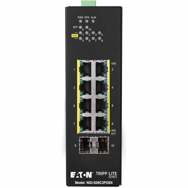 Eaton NGI-S08C2POE8 Tripp Lite Series Conmutador Ethernet Gigabit Administrado Industrial de 8 Puertos Lite - 10/100/1000 Mbps, PoE+ 30W, 2 Ranuras GbE SFP, -10&deg; a 60&deg;C, Montaje DIN, TAA