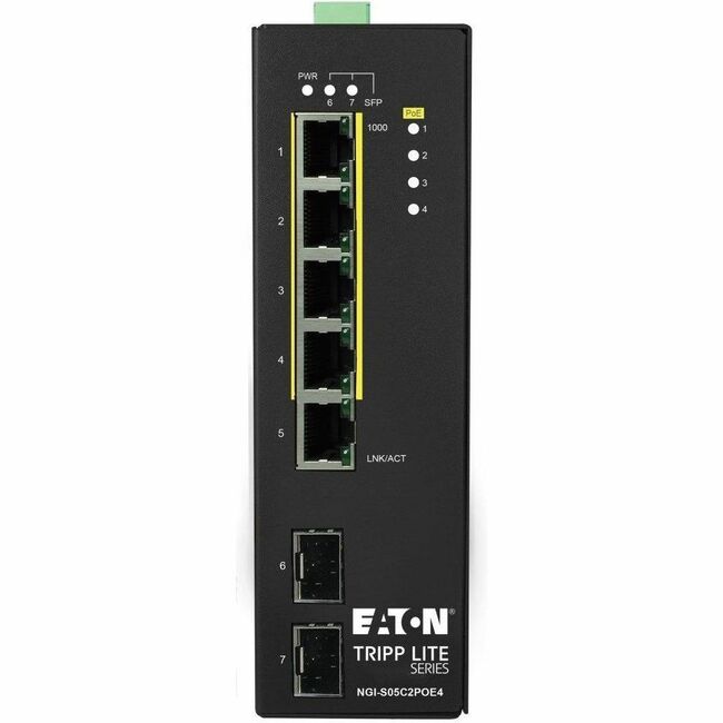 Eaton NGI-S05C2POE4 Tripp Lite Series Conmutador Ethernet Gigabit Administrado Industrial de 5 Puertos - 10/100/1000 Mbps, PoE+ 30W, 2 Ranuras GbE SFP, -10&deg; a 60&deg;C, Montaje DIN, TAA