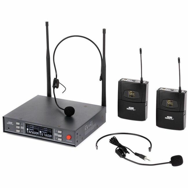 Monoprice, Inc. 600060 Monoprice Stage Right Sistema de Micrófono Inalámbrico Dual con Diadema de 200 Canales UHF