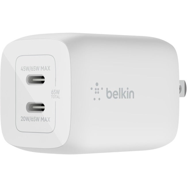 Belkin International INC WCH013DQWH Cargador de Pared Belkin BoostCharge Pro Dual USB-C GaN con PPS 65W para Laptop Chromebook - Adaptador de Energía