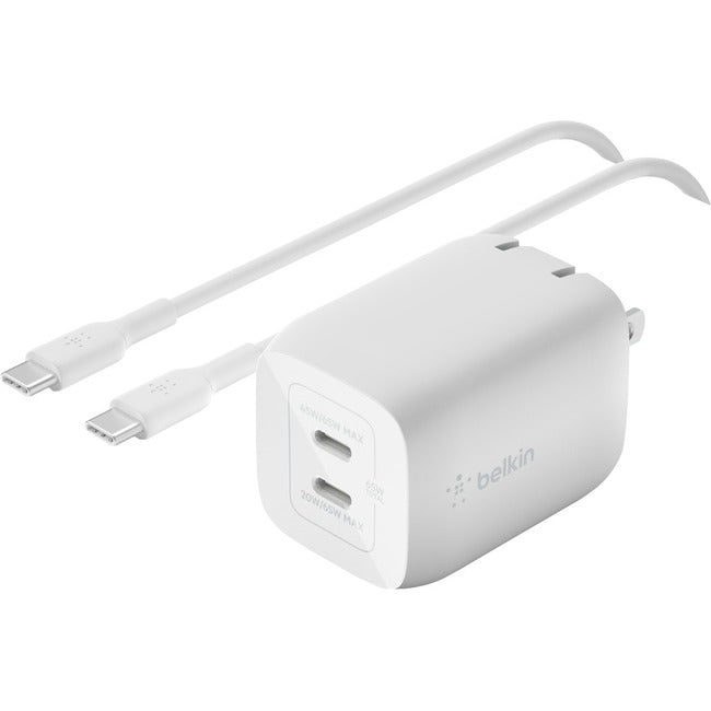 Belkin International INC WCH013DQ2MWH-B6 Belkin 65W Portable Dual Port GaN Wall Charger - 2xUSB-C (65W Total) - w/ USB-C to USB-C Cable - Fast Charging - Power Adapter - White
