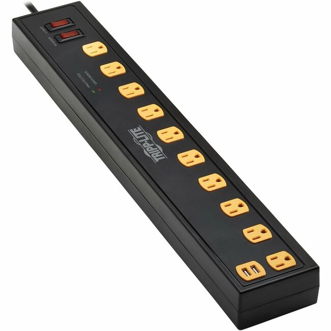Eaton TLP1010USB Tripp Lite by Eaton Protect It! Protector contra Picos de 10 Salidas con Barras de Luz Giratoria - Salidas 5-15R, 2 Puertos USB, Cable de 10 ft. (3 m), 4500 Joules, Negro