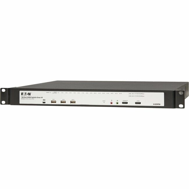 Eaton B064-016-02-IPH Conmutador Eaton KVM sobre IP de 16 puertos Cat5e - Medios virtuales, 2 usuarios remotos/1 usuario local, salida HDMI, montaje en bastidor 1U, TAA