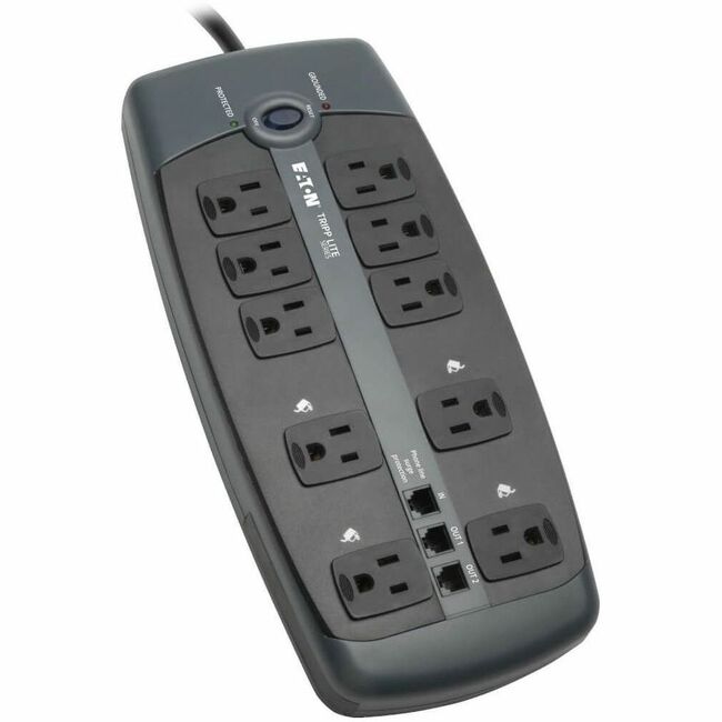 Eaton TLP1008TEL Tripp Lite by Eaton Protect It! Supresor de Sobretensión de 10 Salidas Cable de 8 ft. (2.43 m) con Enchufe de Ángulo Recto 2395 Joules Protección Tel/DSL Carcasa Negra