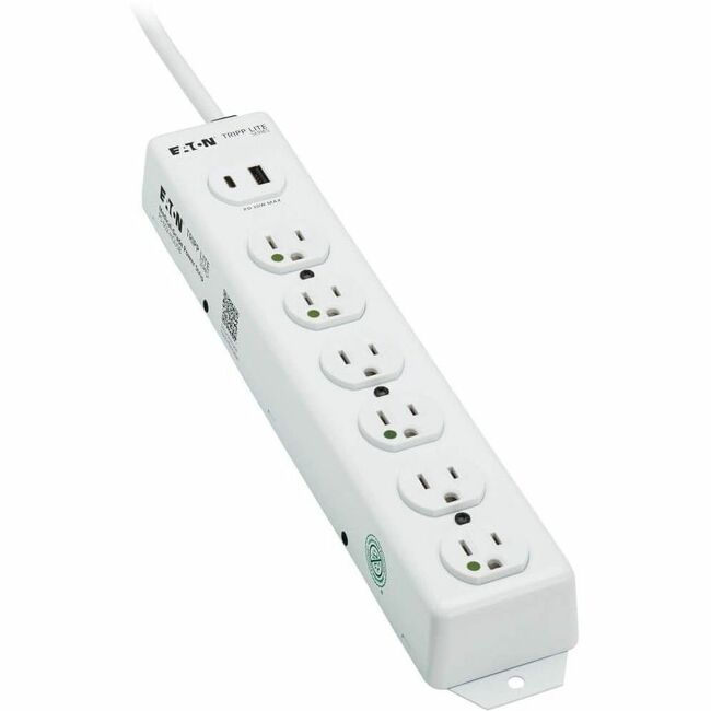Eaton PS-602-HGUSB Tripp Lite Series Safe-IT UL 1363 Medical-Grade Power Strip, 6 Hospital-Grade Outlets, USB Charging, Safety Covers, Antimicrobial, 2 ft. Cord