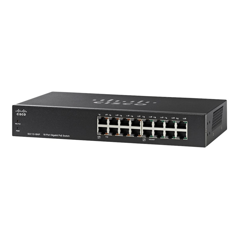 Cisco Small Business SG110-16HP No administrado L2 Gigabit Ethernet (10/100/1000) Energía sobre Ethernet (PoE) 1U Negro